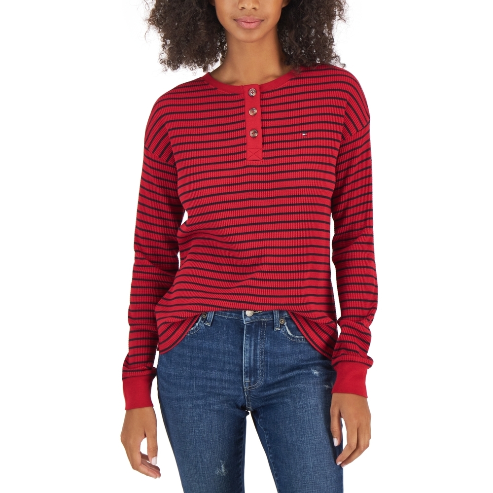 Tommy Hilfiger Women's Red Striped Henley Shirt - XL - Tops